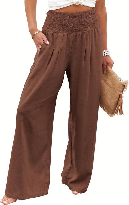 Women's Linen Palazzo Pants - Summer Boho Wide Leg High Waist Casual Lounge Trousers for Beach Travel and Vacation 2025