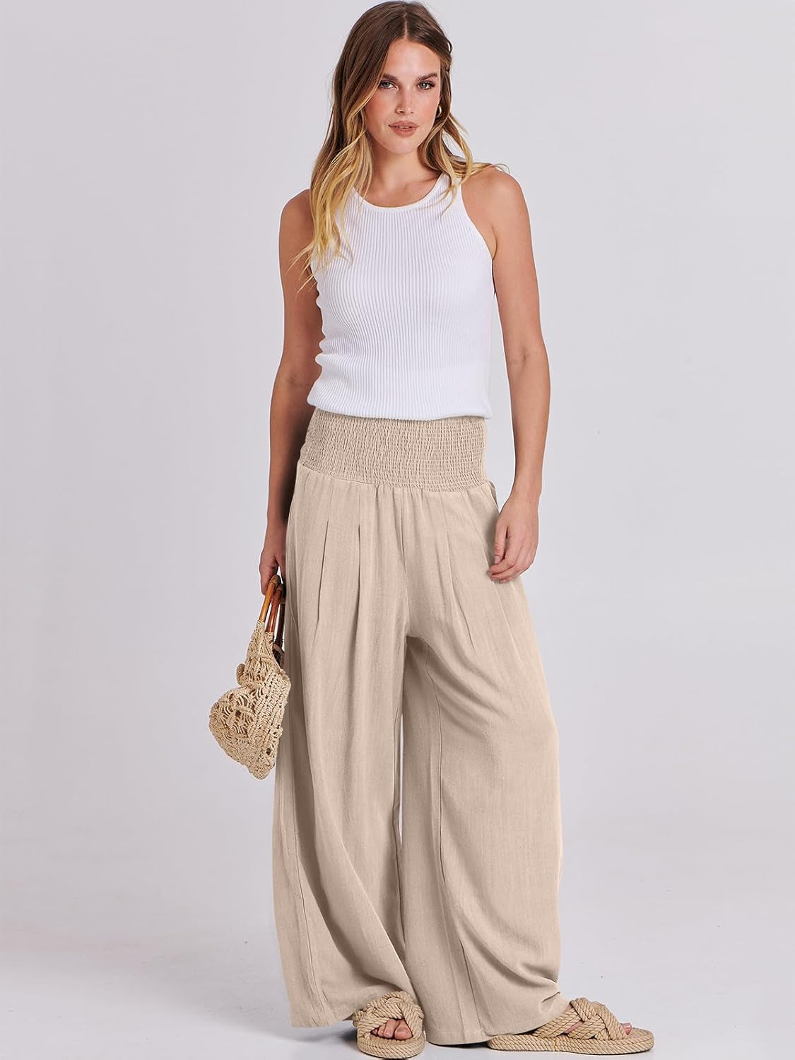 Women's Linen Palazzo Pants - Summer Boho Wide Leg High Waist Casual Lounge Trousers for Beach Travel and Vacation 2025