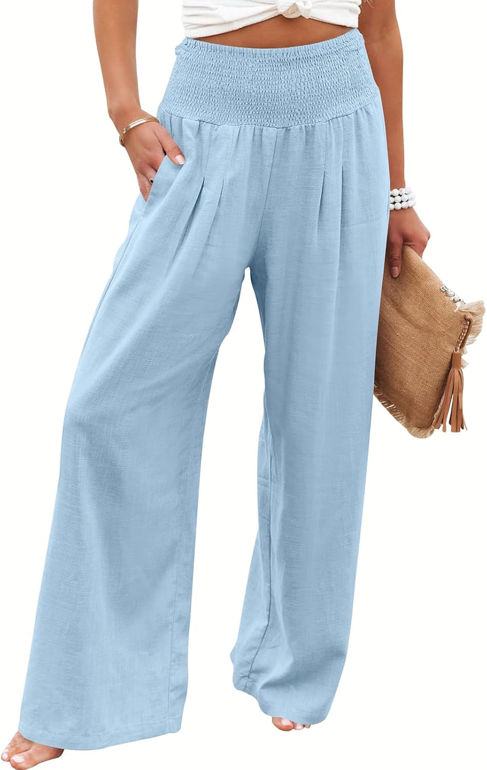 Women's Linen Palazzo Pants - Summer Boho Wide Leg High Waist Casual Lounge Trousers for Beach Travel and Vacation 2025