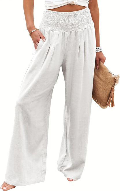 Women's Linen Palazzo Pants - Summer Boho Wide Leg High Waist Casual Lounge Trousers for Beach Travel and Vacation 2025