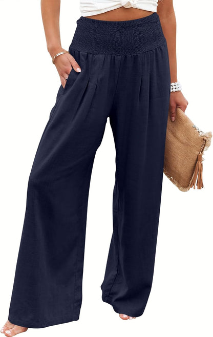 Women's Linen Palazzo Pants - Summer Boho Wide Leg High Waist Casual Lounge Trousers for Beach Travel and Vacation 2025