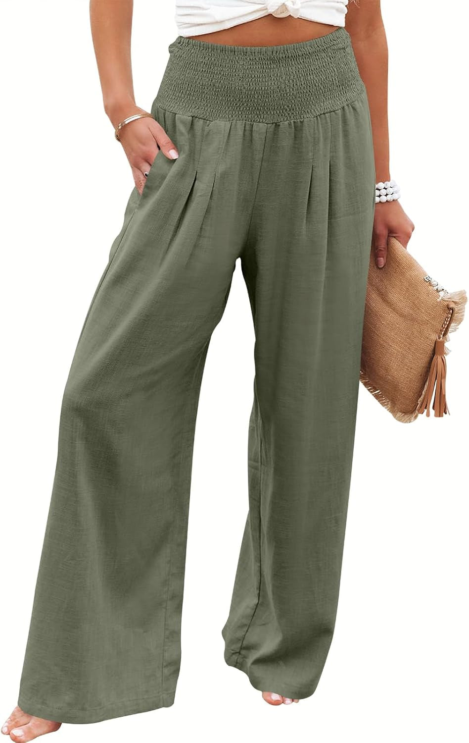 Women's Linen Palazzo Pants - Summer Boho Wide Leg High Waist Casual Lounge Trousers for Beach Travel and Vacation 2025