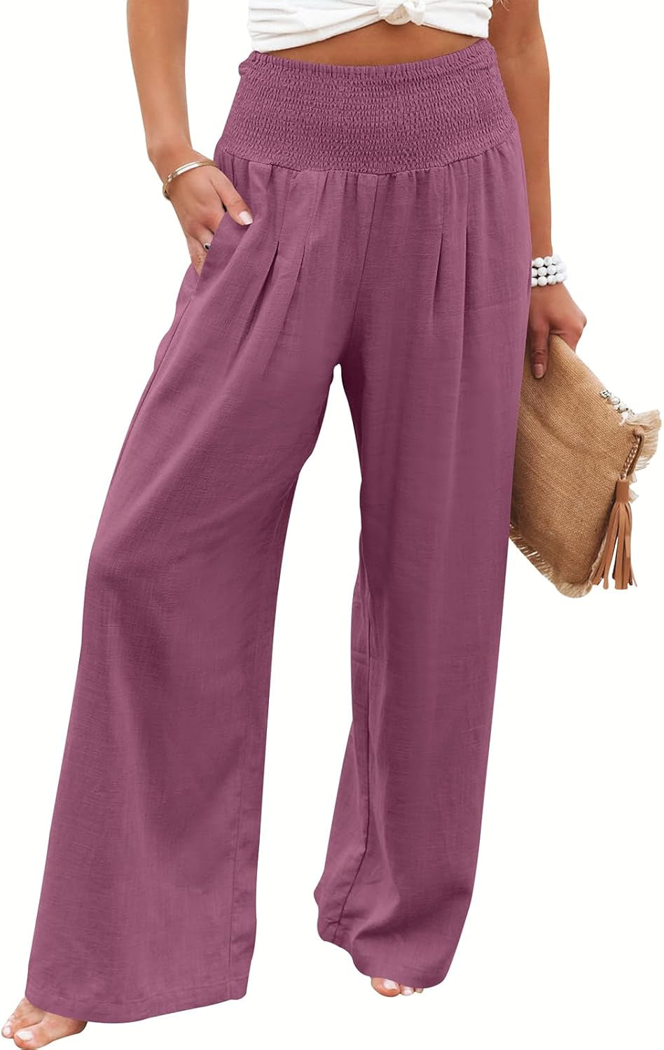 Women's Linen Palazzo Pants - Summer Boho Wide Leg High Waist Casual Lounge Trousers for Beach Travel and Vacation 2025