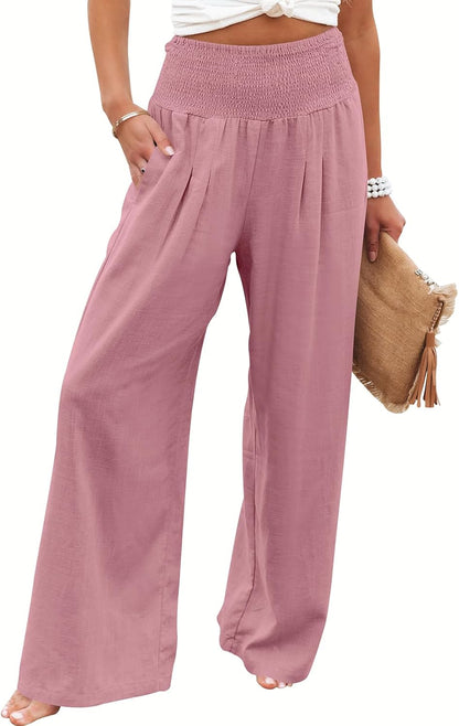 Women's Linen Palazzo Pants - Summer Boho Wide Leg High Waist Casual Lounge Trousers for Beach Travel and Vacation 2025