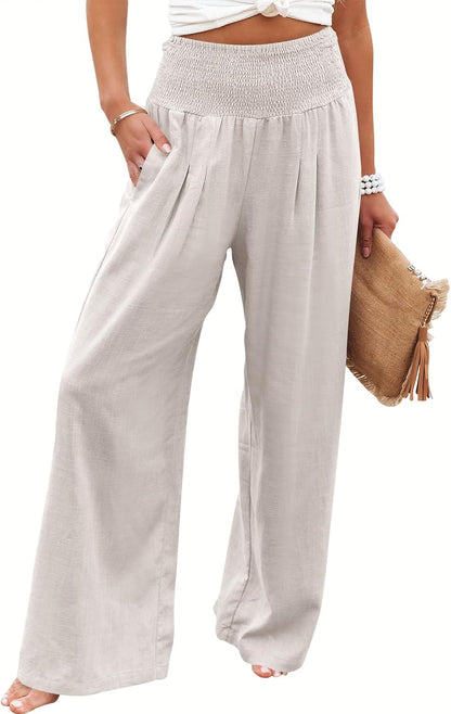 Women's Linen Palazzo Pants - Summer Boho Wide Leg High Waist Casual Lounge Trousers for Beach Travel and Vacation 2025