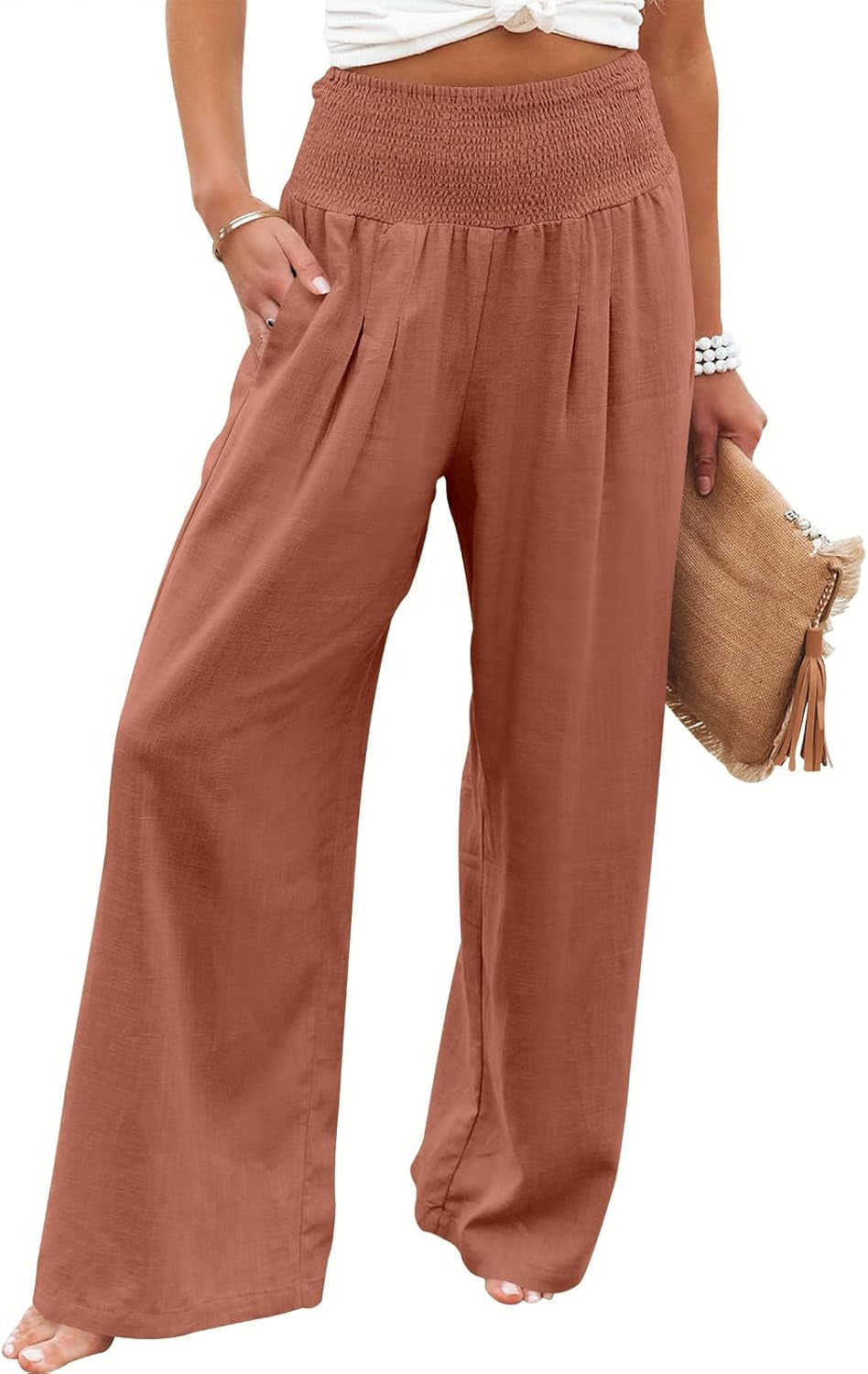 Women's Linen Palazzo Pants - Summer Boho Wide Leg High Waist Casual Lounge Trousers for Beach Travel and Vacation 2025