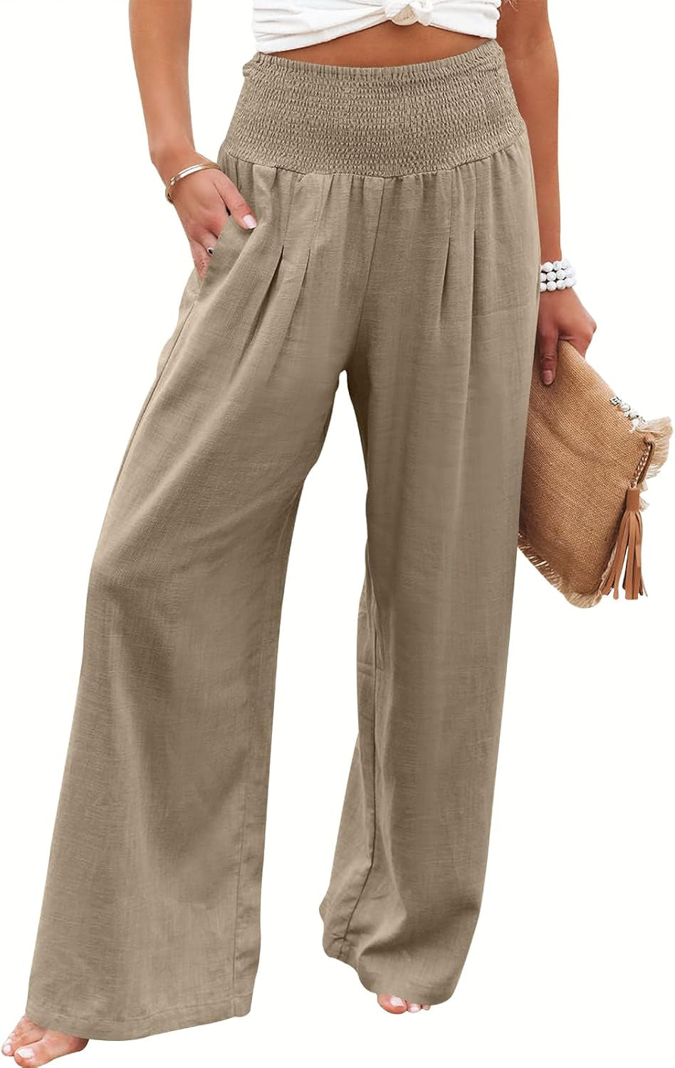Women's Linen Palazzo Pants - Summer Boho Wide Leg High Waist Casual Lounge Trousers for Beach Travel and Vacation 2025