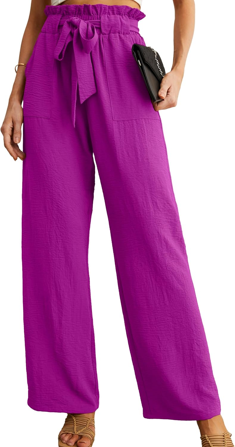 Women's High Waist Wide Leg Pants with Pockets - Adjustable Knot Loose Casual Trousers for Business and Everyday Wear