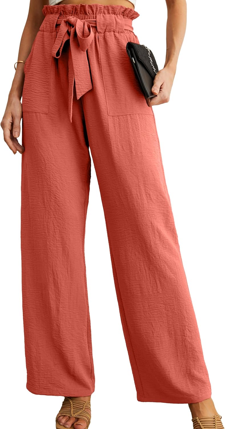 Women's High Waist Wide Leg Pants with Pockets - Adjustable Knot Loose Casual Trousers for Business and Everyday Wear