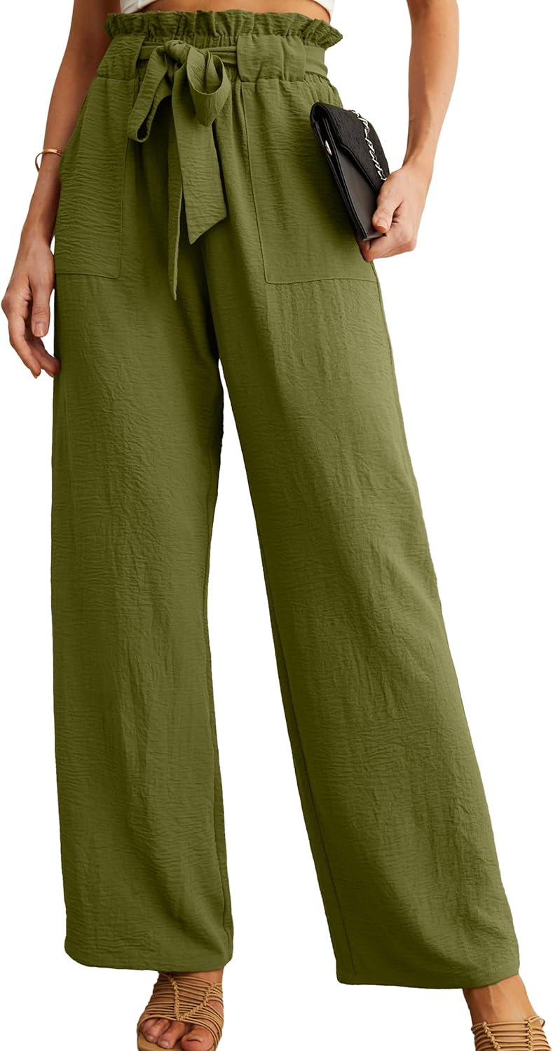 Women's High Waist Wide Leg Pants with Pockets - Adjustable Knot Loose Casual Trousers for Business and Everyday Wear