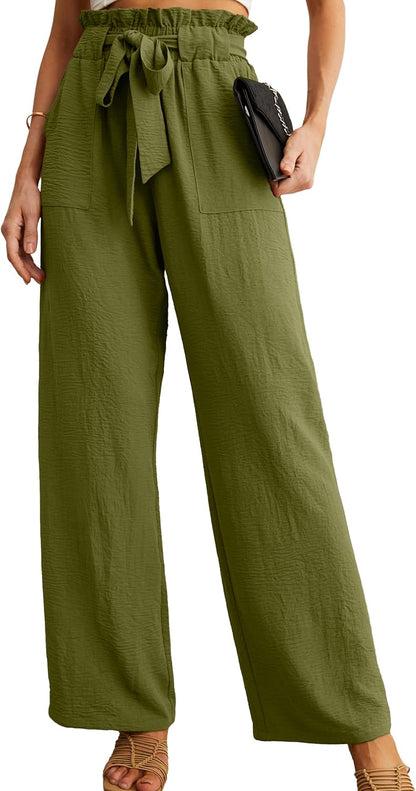 Women's High Waist Wide Leg Pants with Pockets - Adjustable Knot Loose Casual Trousers for Business and Everyday Wear