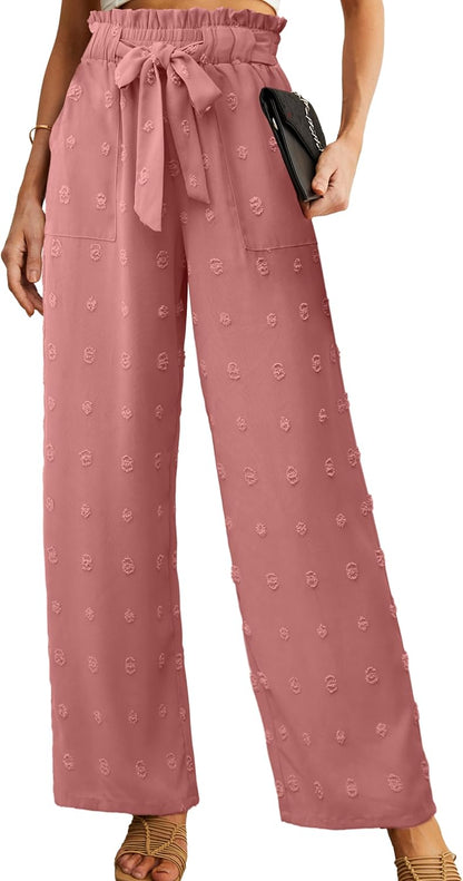Women's High Waist Wide Leg Pants with Pockets - Adjustable Knot Loose Casual Trousers for Business and Everyday Wear