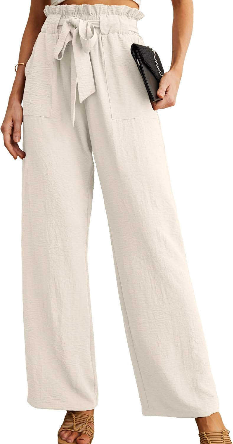 Women's High Waist Wide Leg Pants with Pockets - Adjustable Knot Loose Casual Trousers for Business and Everyday Wear
