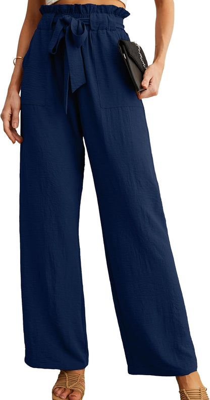 Women's High Waist Wide Leg Pants with Pockets - Adjustable Knot Loose Casual Trousers for Business and Everyday Wear