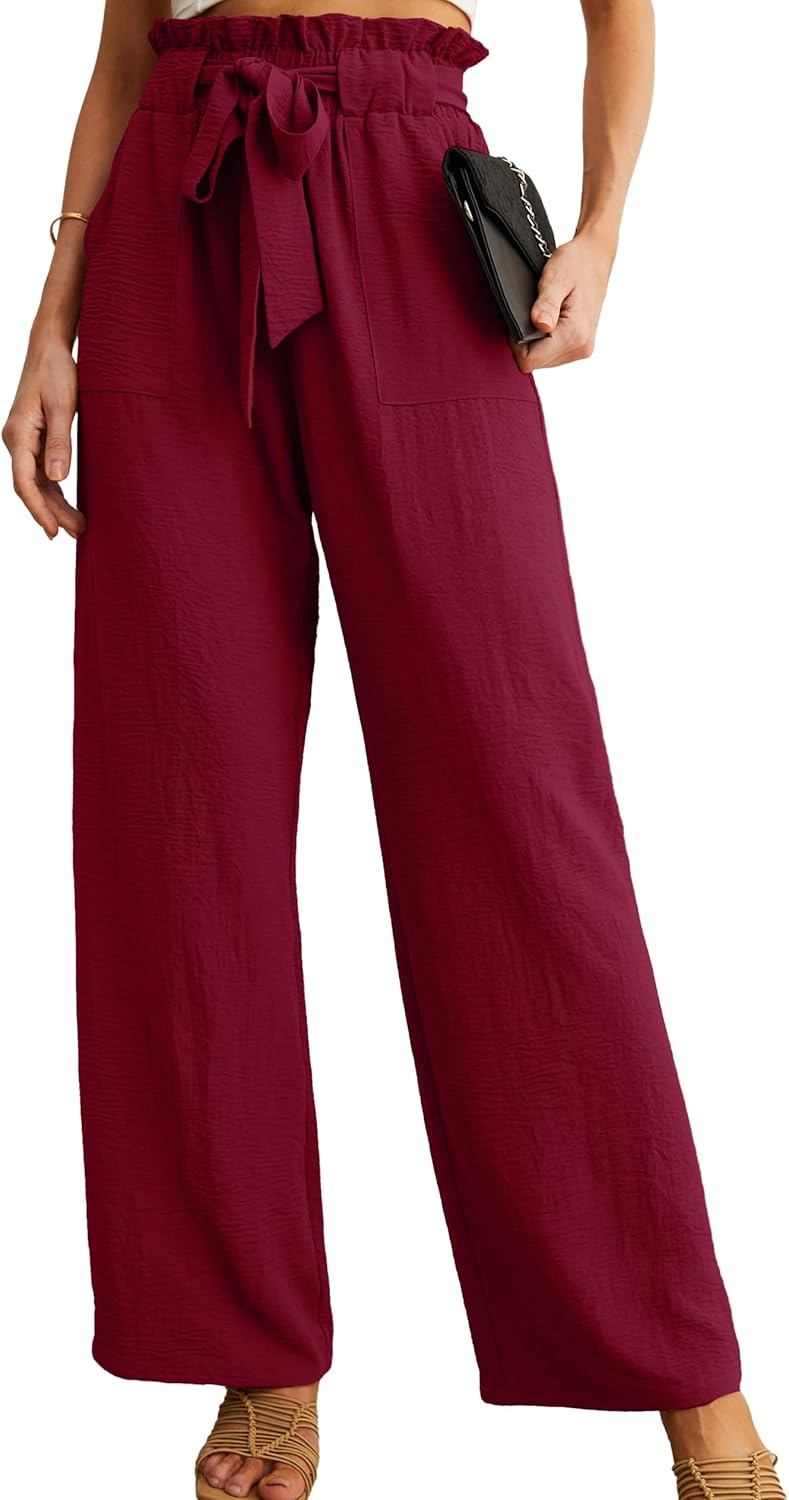 Women's High Waist Wide Leg Pants with Pockets - Adjustable Knot Loose Casual Trousers for Business and Everyday Wear