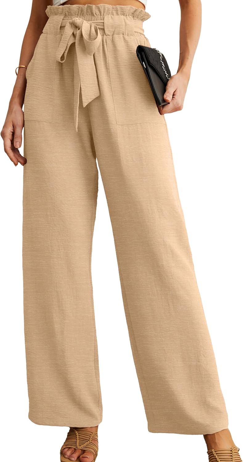 Women's High Waist Wide Leg Pants with Pockets - Adjustable Knot Loose Casual Trousers for Business and Everyday Wear