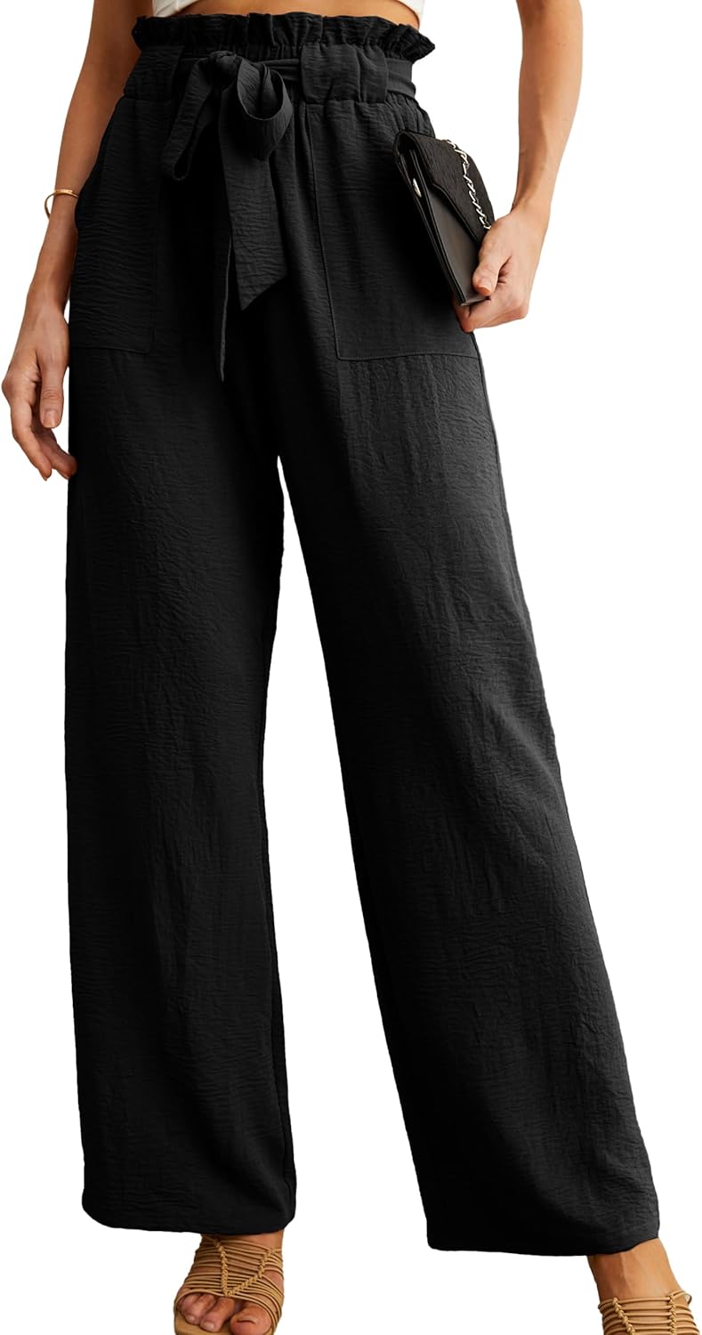 Women's High Waist Wide Leg Pants with Pockets - Adjustable Knot Loose Casual Trousers for Business and Everyday Wear