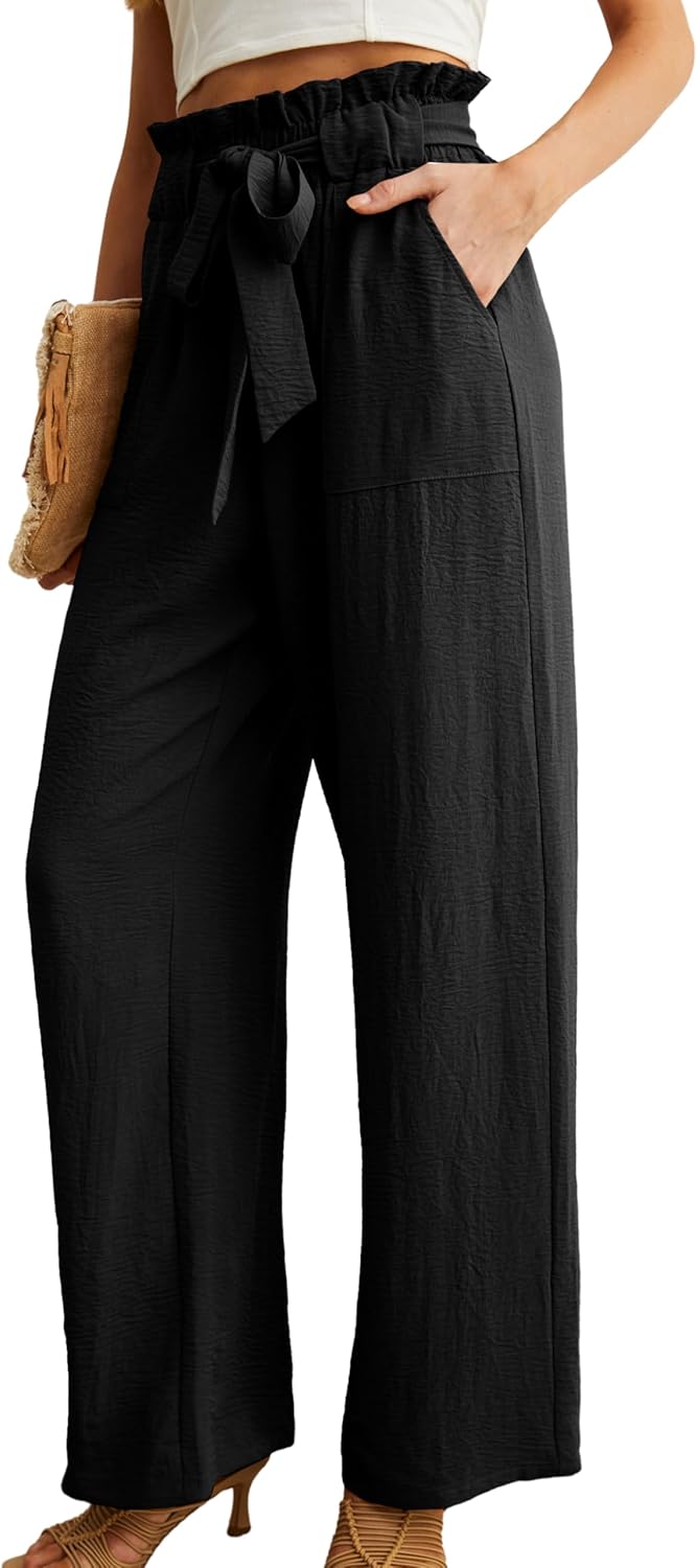 Women's High Waist Wide Leg Pants with Pockets - Adjustable Knot Loose Casual Trousers for Business and Everyday Wear