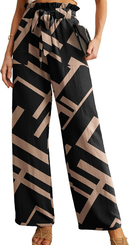 Women's High Waist Wide Leg Pants with Pockets - Adjustable Knot Loose Casual Trousers for Business and Everyday Wear