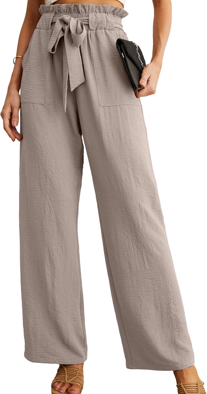 Women's High Waist Wide Leg Pants with Pockets - Adjustable Knot Loose Casual Trousers for Business and Everyday Wear