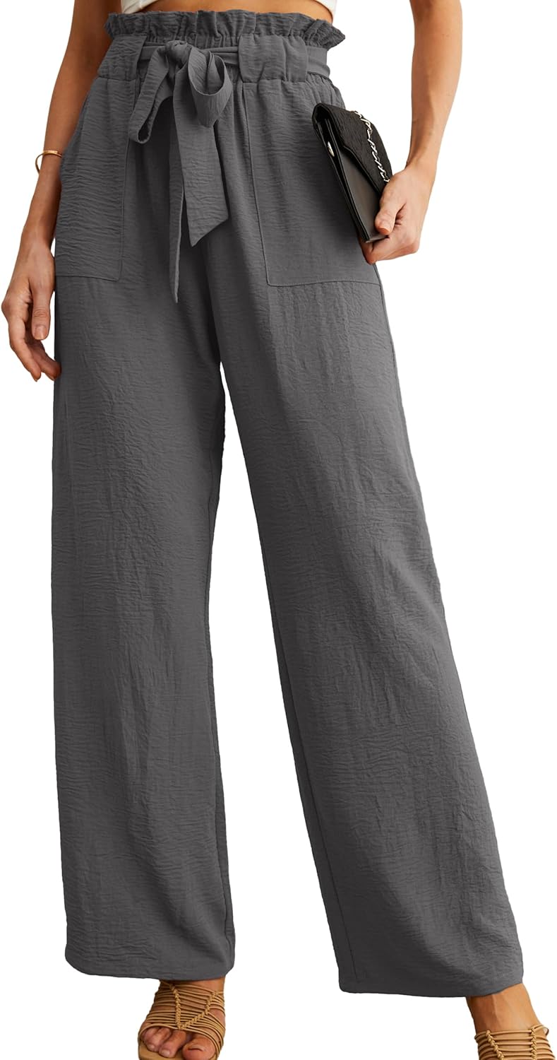 Women's High Waist Wide Leg Pants with Pockets - Adjustable Knot Loose Casual Trousers for Business and Everyday Wear