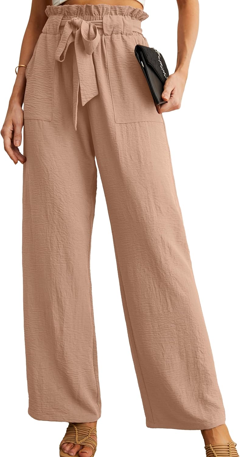 Women's High Waist Wide Leg Pants with Pockets - Adjustable Knot Loose Casual Trousers for Business and Everyday Wear