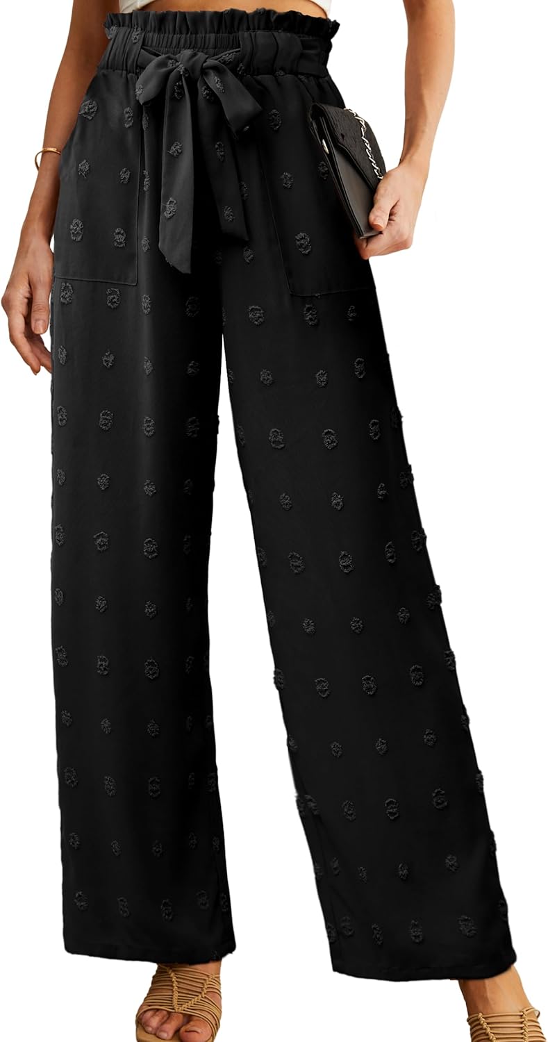 Women's High Waist Wide Leg Pants with Pockets - Adjustable Knot Loose Casual Trousers for Business and Everyday Wear