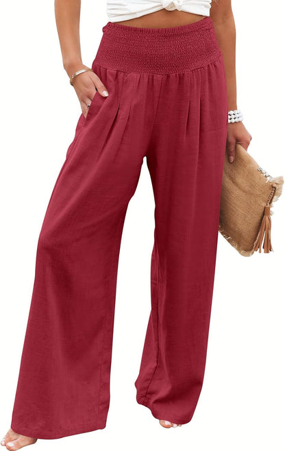 Women's Linen Palazzo Pants - Summer Boho Wide Leg High Waist Casual Lounge Trousers for Beach Travel and Vacation 2025