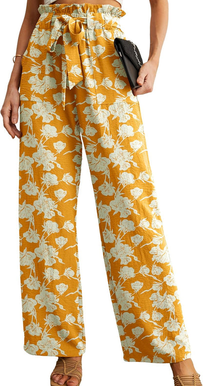 Women's High Waist Wide Leg Pants with Pockets - Adjustable Knot Loose Casual Trousers for Business and Everyday Wear