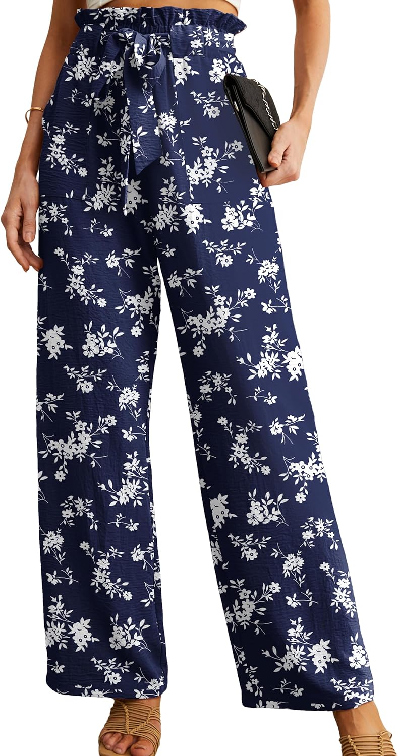 Women's High Waist Wide Leg Pants with Pockets - Adjustable Knot Loose Casual Trousers for Business and Everyday Wear