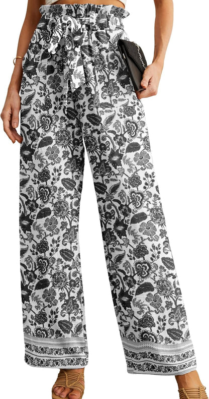 Women's High Waist Wide Leg Pants with Pockets - Adjustable Knot Loose Casual Trousers for Business and Everyday Wear