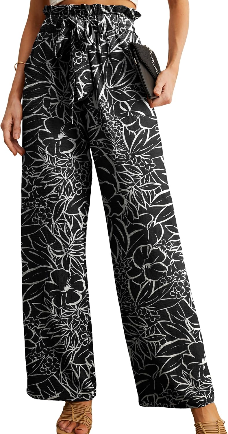 Women's High Waist Wide Leg Pants with Pockets - Adjustable Knot Loose Casual Trousers for Business and Everyday Wear