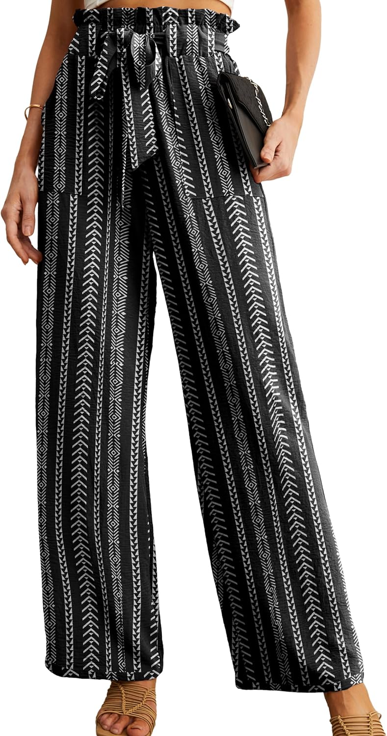 Women's High Waist Wide Leg Pants with Pockets - Adjustable Knot Loose Casual Trousers for Business and Everyday Wear