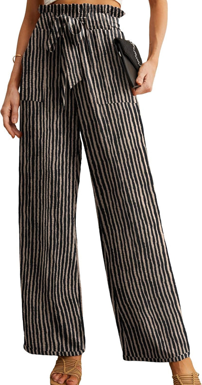 Women's High Waist Wide Leg Pants with Pockets - Adjustable Knot Loose Casual Trousers for Business and Everyday Wear