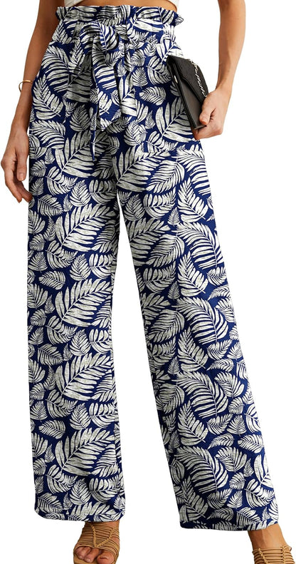 Women's High Waist Wide Leg Pants with Pockets - Adjustable Knot Loose Casual Trousers for Business and Everyday Wear