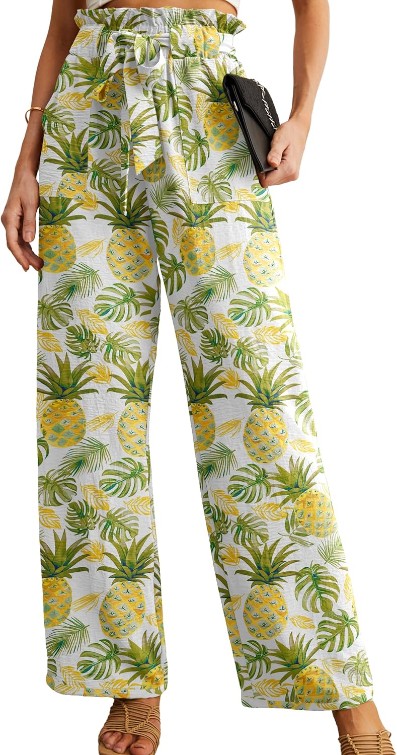 Women's High Waist Wide Leg Pants with Pockets - Adjustable Knot Loose Casual Trousers for Business and Everyday Wear