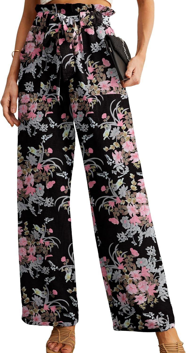 Women's High Waist Wide Leg Pants with Pockets - Adjustable Knot Loose Casual Trousers for Business and Everyday Wear