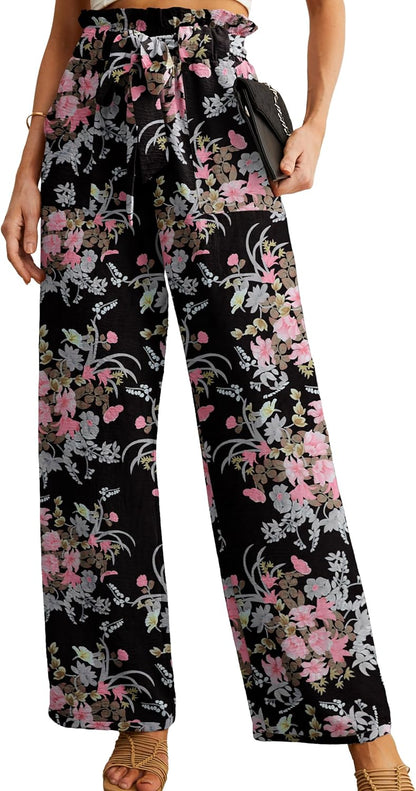 Women's High Waist Wide Leg Pants with Pockets - Adjustable Knot Loose Casual Trousers for Business and Everyday Wear