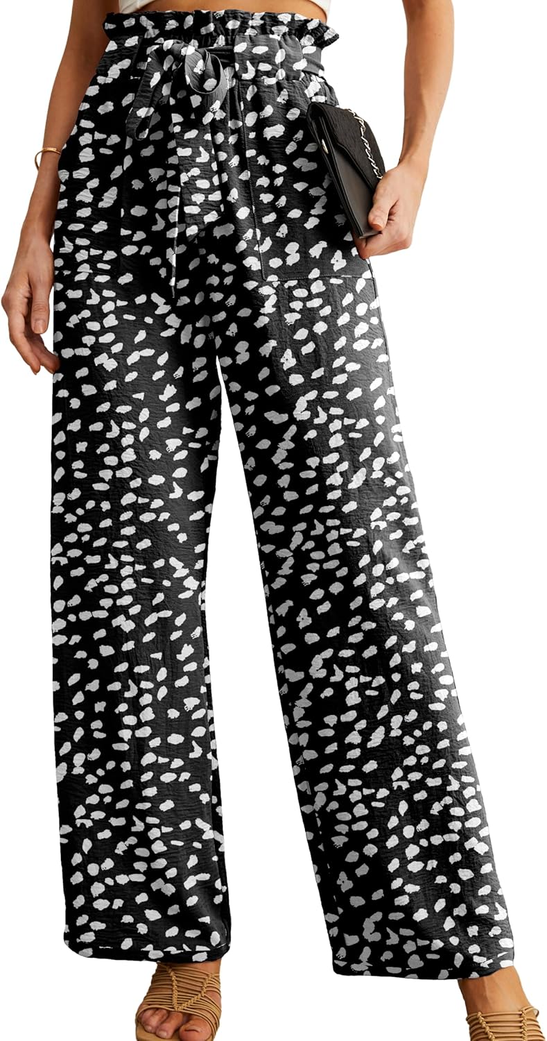 Women's High Waist Wide Leg Pants with Pockets - Adjustable Knot Loose Casual Trousers for Business and Everyday Wear