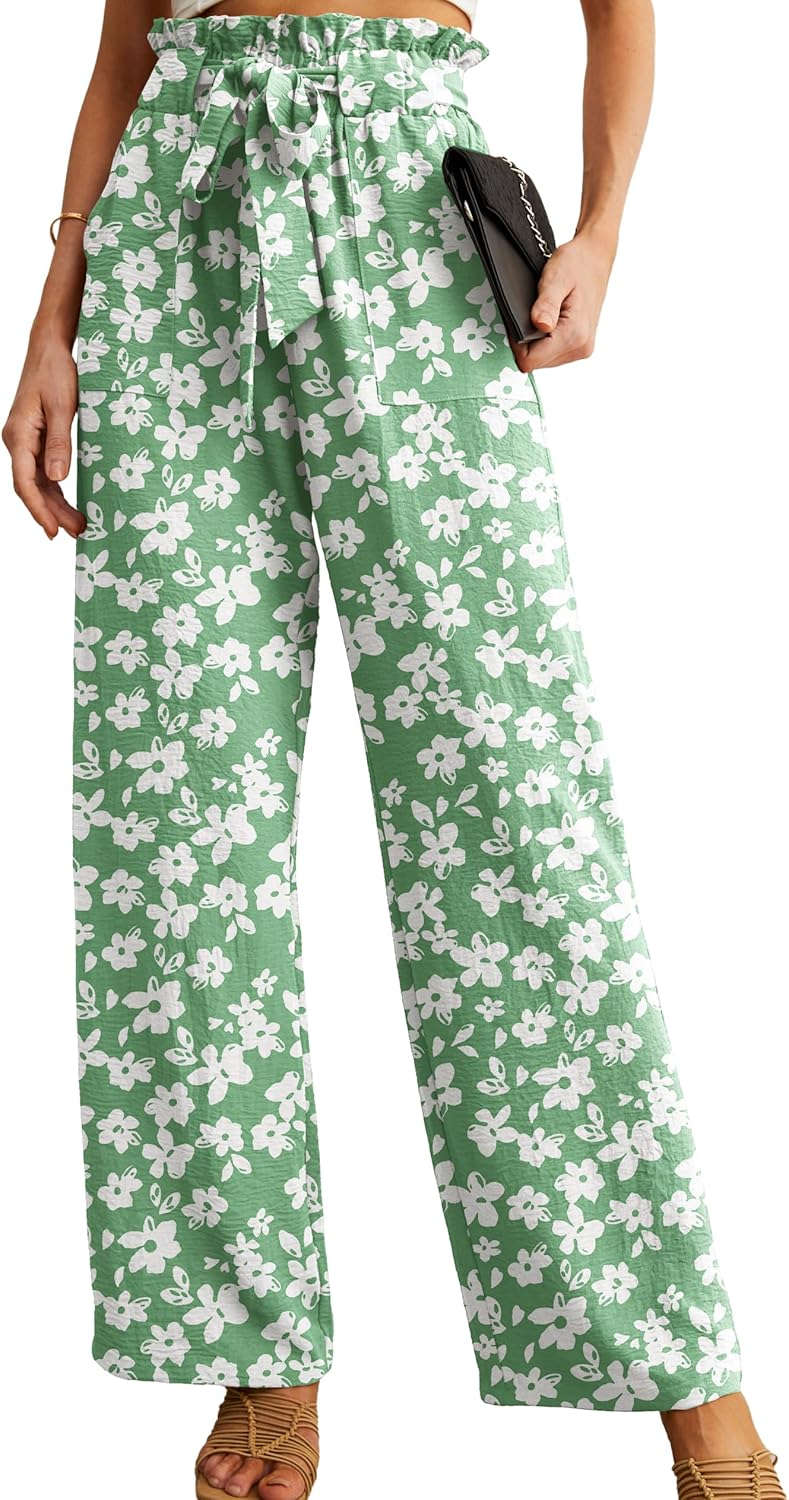 Women's High Waist Wide Leg Pants with Pockets - Adjustable Knot Loose Casual Trousers for Business and Everyday Wear