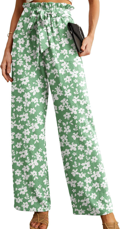 Women's High Waist Wide Leg Pants with Pockets - Adjustable Knot Loose Casual Trousers for Business and Everyday Wear