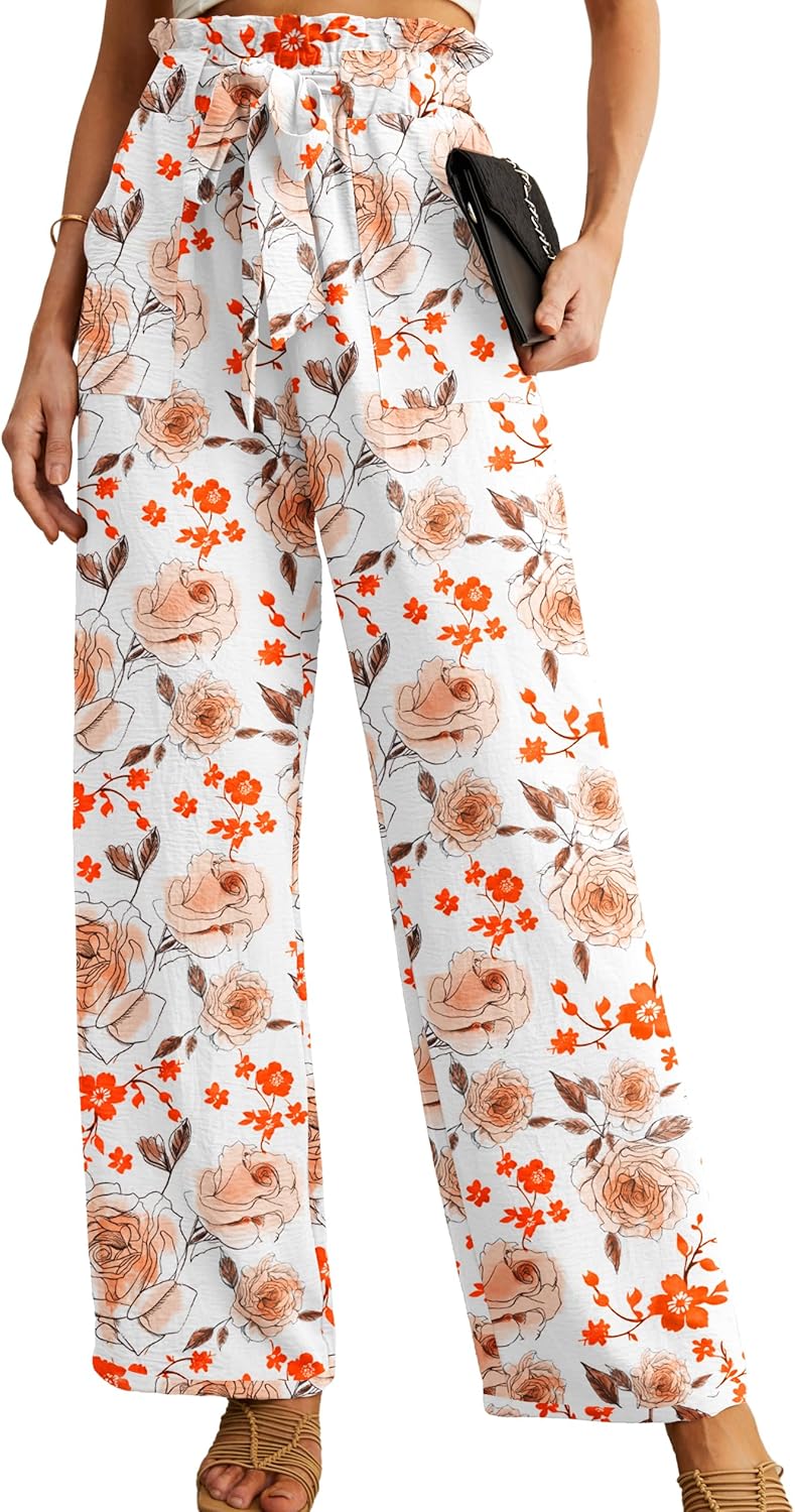 Women's High Waist Wide Leg Pants with Pockets - Adjustable Knot Loose Casual Trousers for Business and Everyday Wear