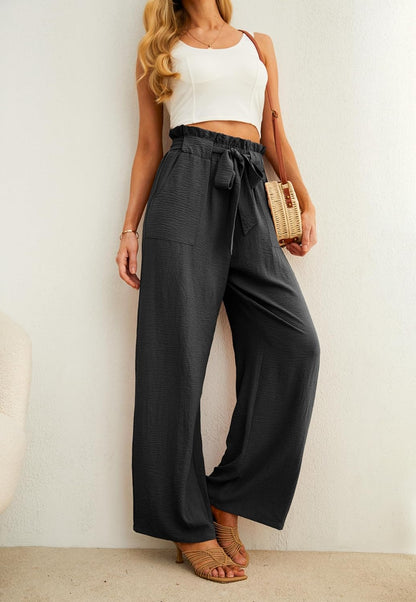 Women's High Waist Wide Leg Pants with Pockets - Adjustable Knot Loose Casual Trousers for Business and Everyday Wear