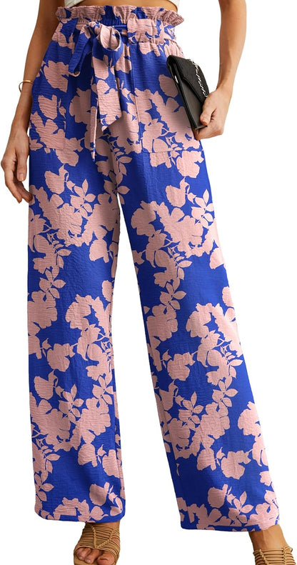 Women's High Waist Wide Leg Pants with Pockets - Adjustable Knot Loose Casual Trousers for Business and Everyday Wear