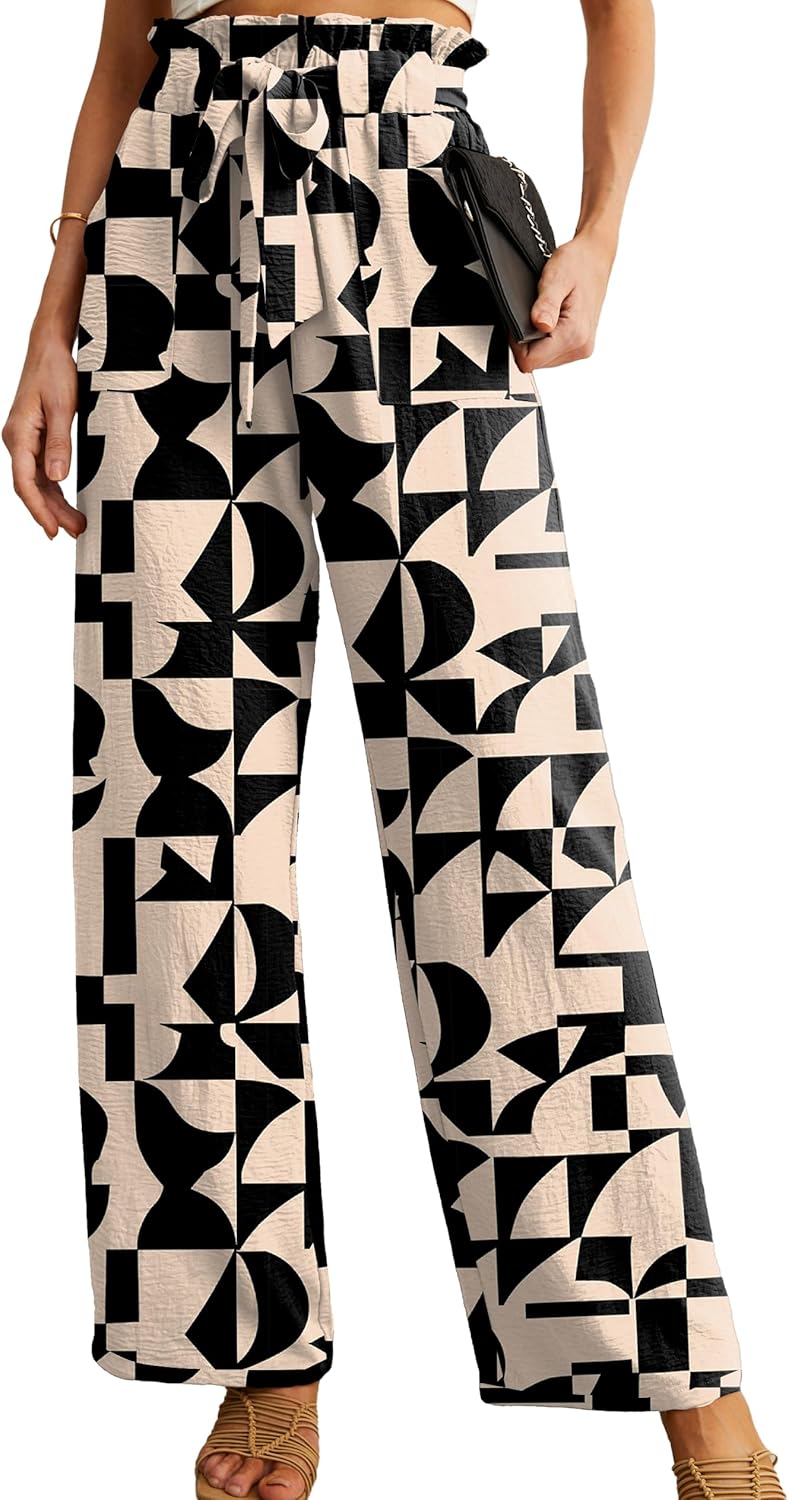Women's High Waist Wide Leg Pants with Pockets - Adjustable Knot Loose Casual Trousers for Business and Everyday Wear
