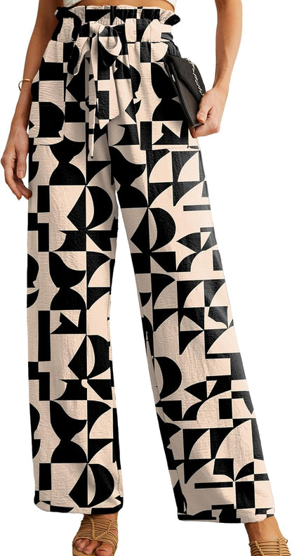 Women's High Waist Wide Leg Pants with Pockets - Adjustable Knot Loose Casual Trousers for Business and Everyday Wear