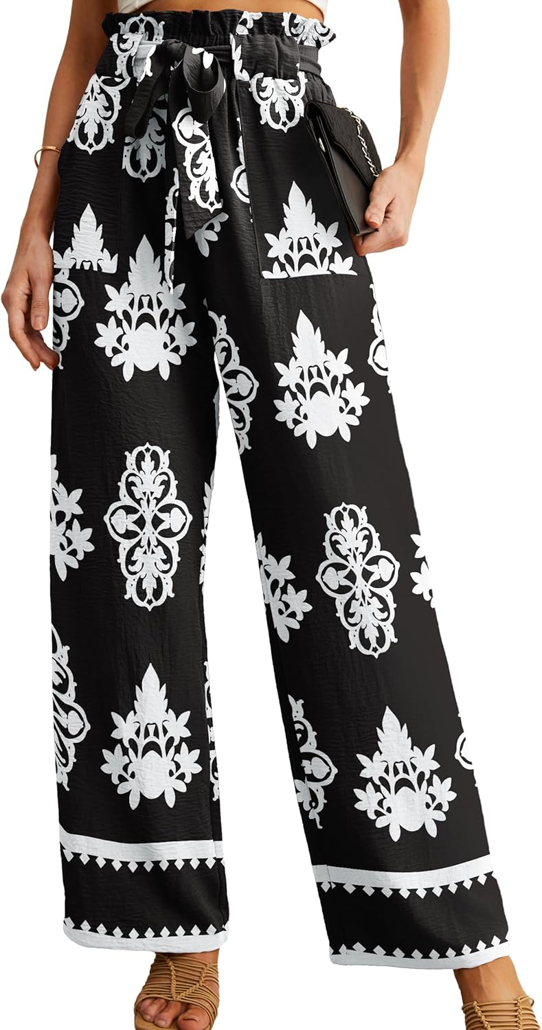 Women's High Waist Wide Leg Pants with Pockets - Adjustable Knot Loose Casual Trousers for Business and Everyday Wear