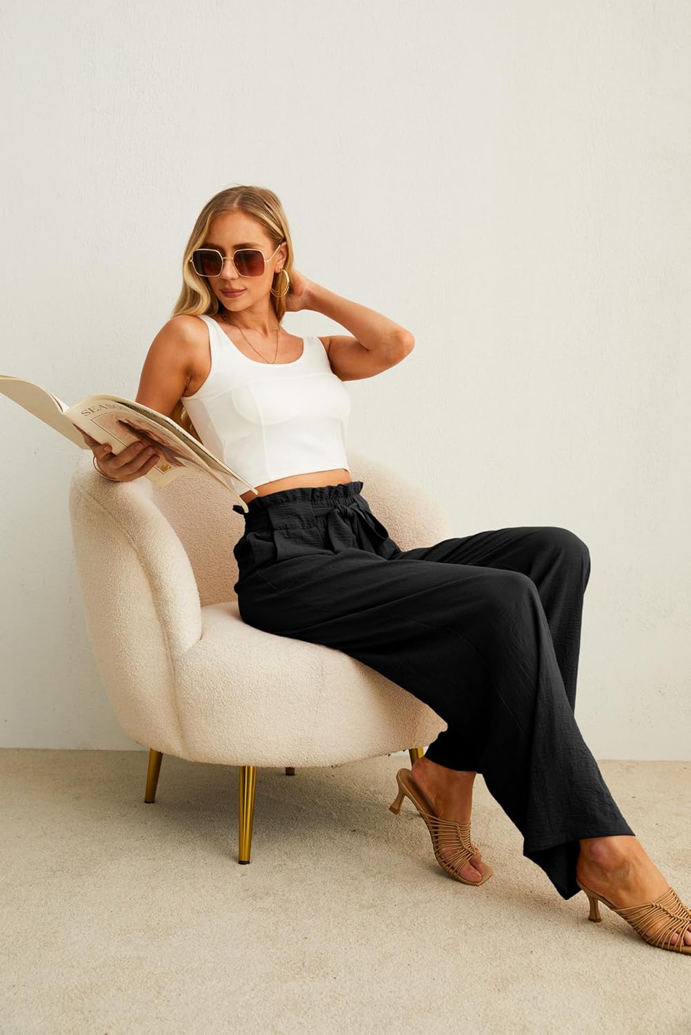 Women's High Waist Wide Leg Pants with Pockets - Adjustable Knot Loose Casual Trousers for Business and Everyday Wear