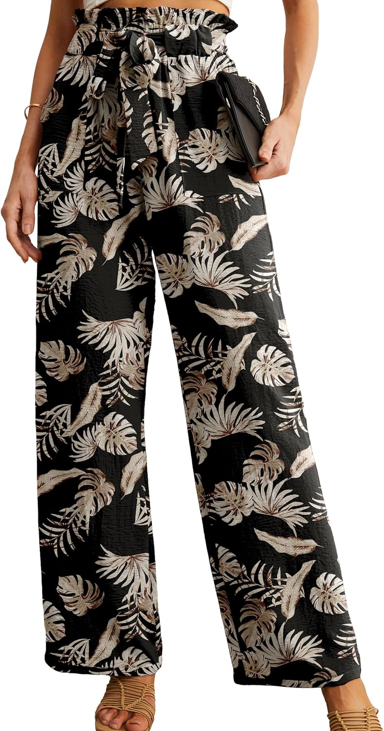 Women's High Waist Wide Leg Pants with Pockets - Adjustable Knot Loose Casual Trousers for Business and Everyday Wear