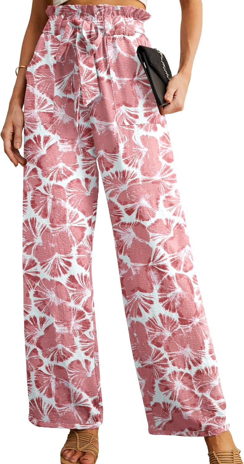 Women's High Waist Wide Leg Pants with Pockets - Adjustable Knot Loose Casual Trousers for Business and Everyday Wear